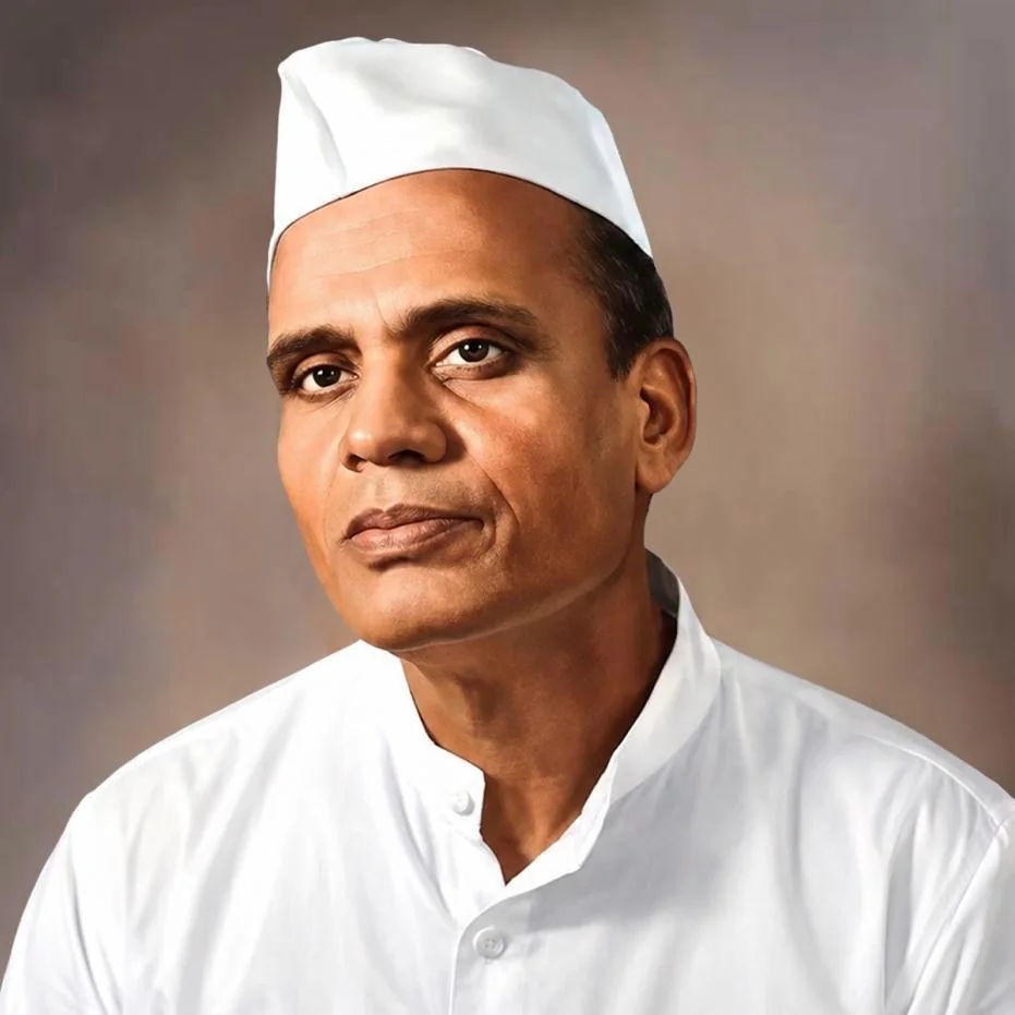 Colour portrait of Sane Guruji in a white cap and white clothes