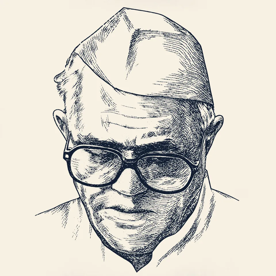 Pen-and-ink style portrait of Annasaheb P. K. Patil in a cap and glasses, looking down