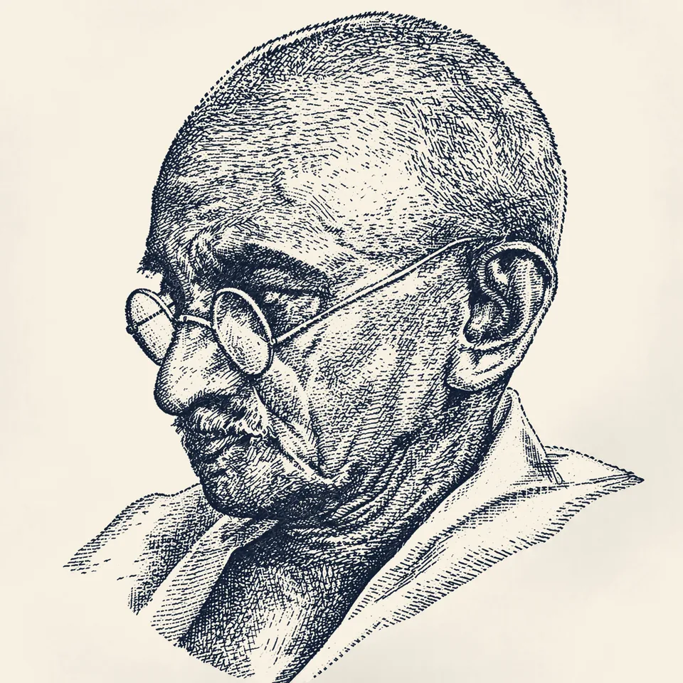 Pen-and-ink style portrait of Mahatma Gandhi in round spectacles, looking down