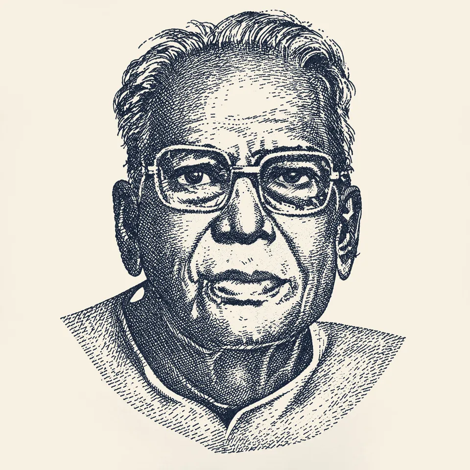 Pen-and-ink style portrait of Lok Nayak Jayaprakash Narayan in spectacles