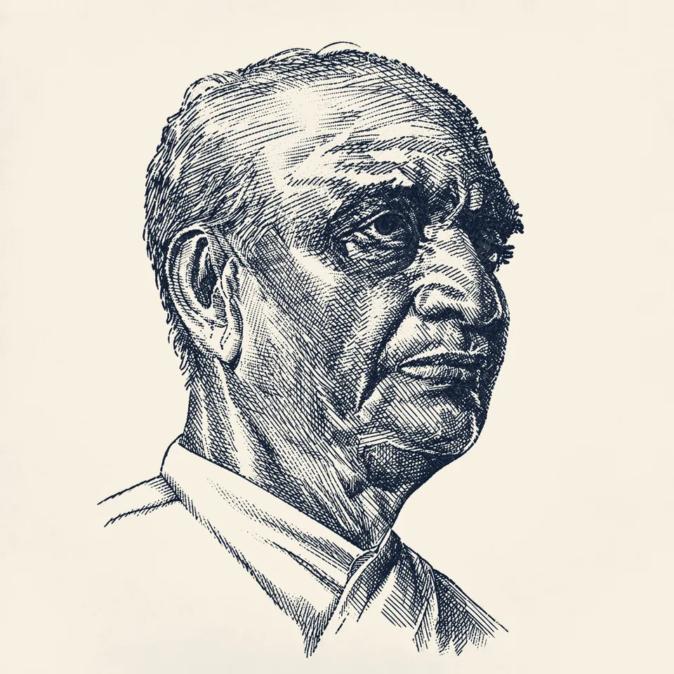 Pen-and-ink style portrait of Sardar Vallabhbhai Patel, seen in three-quarter profile