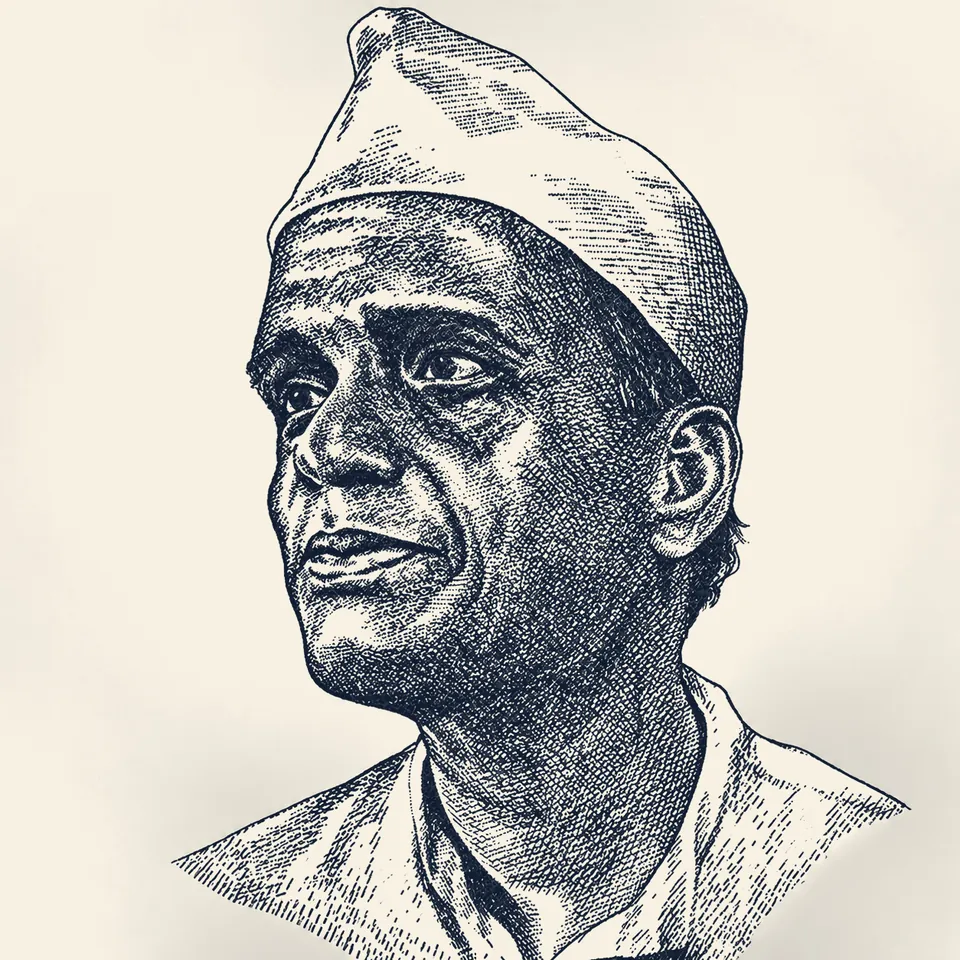 Pen-and-ink style portrait of Sane Guruji in a cap, looking up and to the left